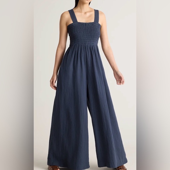 NWT Quince Women Organic Cotton Gauze Smocked Wide Leg Jumpsuit Black Sz XL - Picture 5 of 9